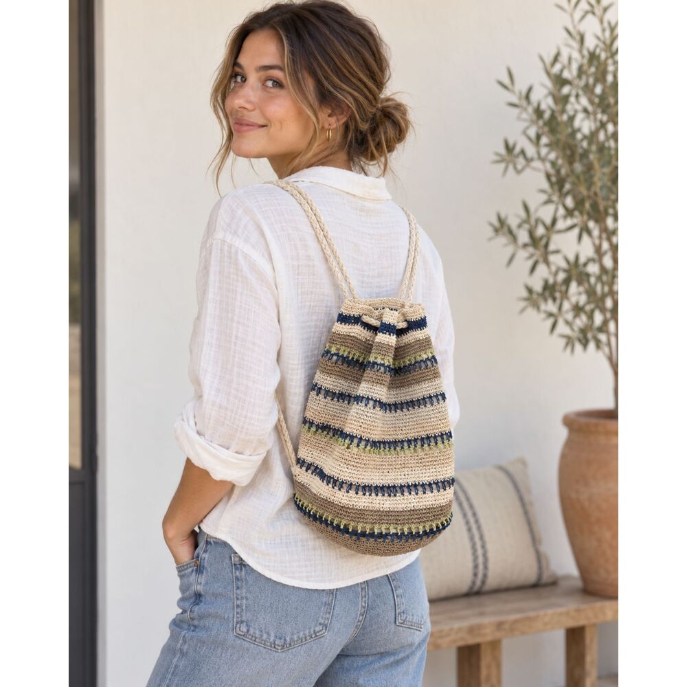 Crochet Stripe Bucket Bag Boho Coastal Beach Backpack Purse